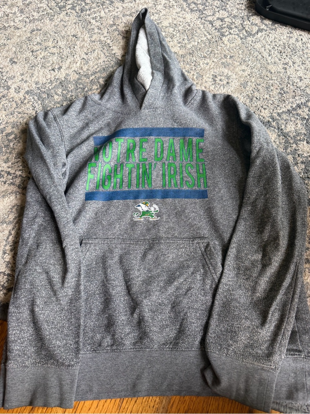 Source Unknown Gray Hoodie with Green & Blue Notre Dame Graphic